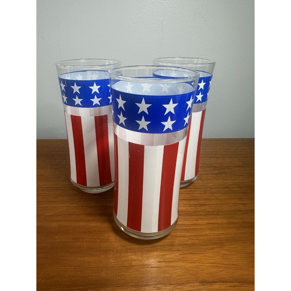 3 Vintage‎ Libbey American Flag Glasses 1976 Bicentennial Stars Stripes Tumblers